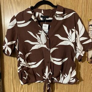 Sanctuary Women’s Short Sleeve Button-Up Blouse Size M Tie Front Brown&White NWT